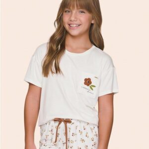 Pijama Curto Feminino Infantil Camiseta com Bolso Personalizado e Shorts Marigold