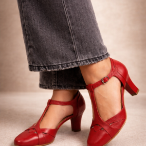 T-Strap com recortes Vermelho Salto bloco confortável